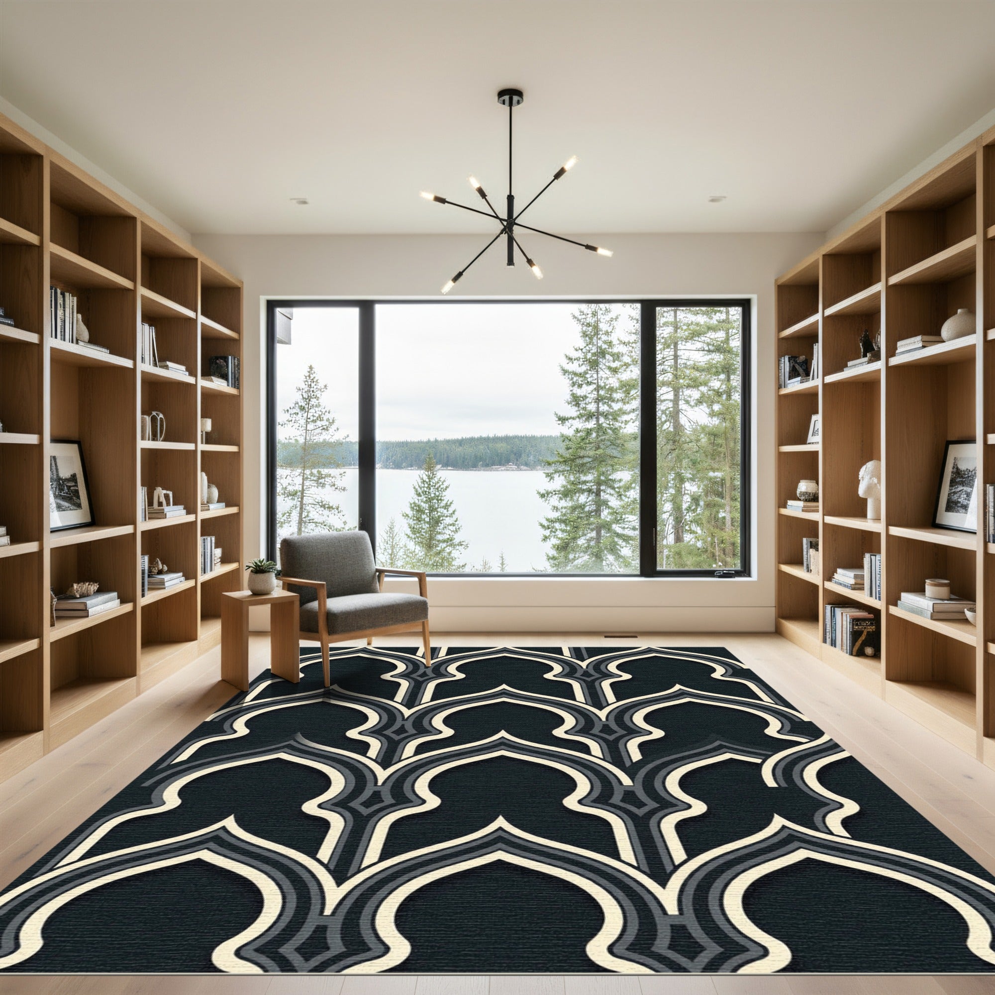 Arched Charcoal and Slate Geometric Overlay Rug