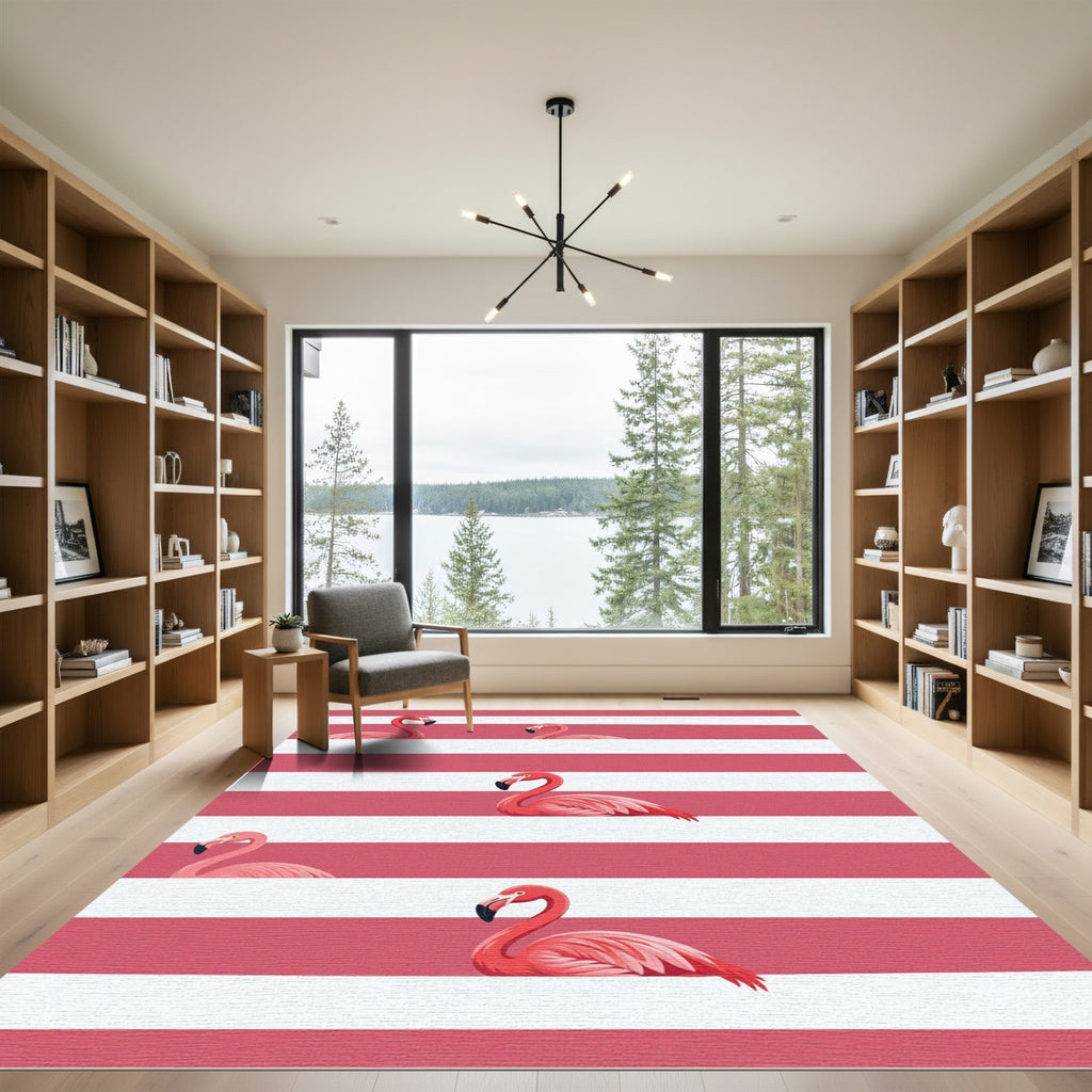 Coral Pink Flamingo Stripe Pattern Rug