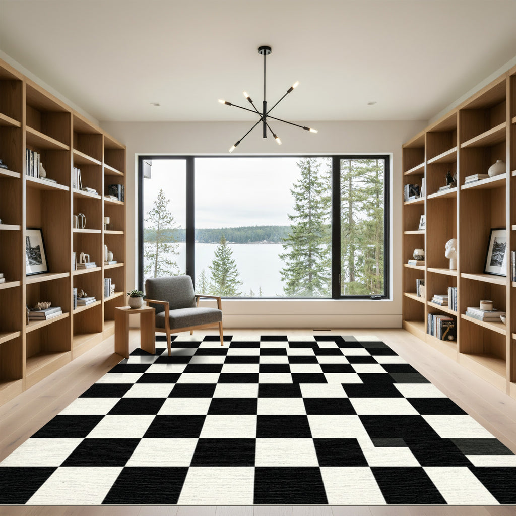 Monochrome Distorted Checkerboard Graphic Rug