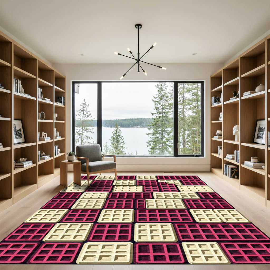 Geometric Waffle Grid in Fuchsia and Cream Rug