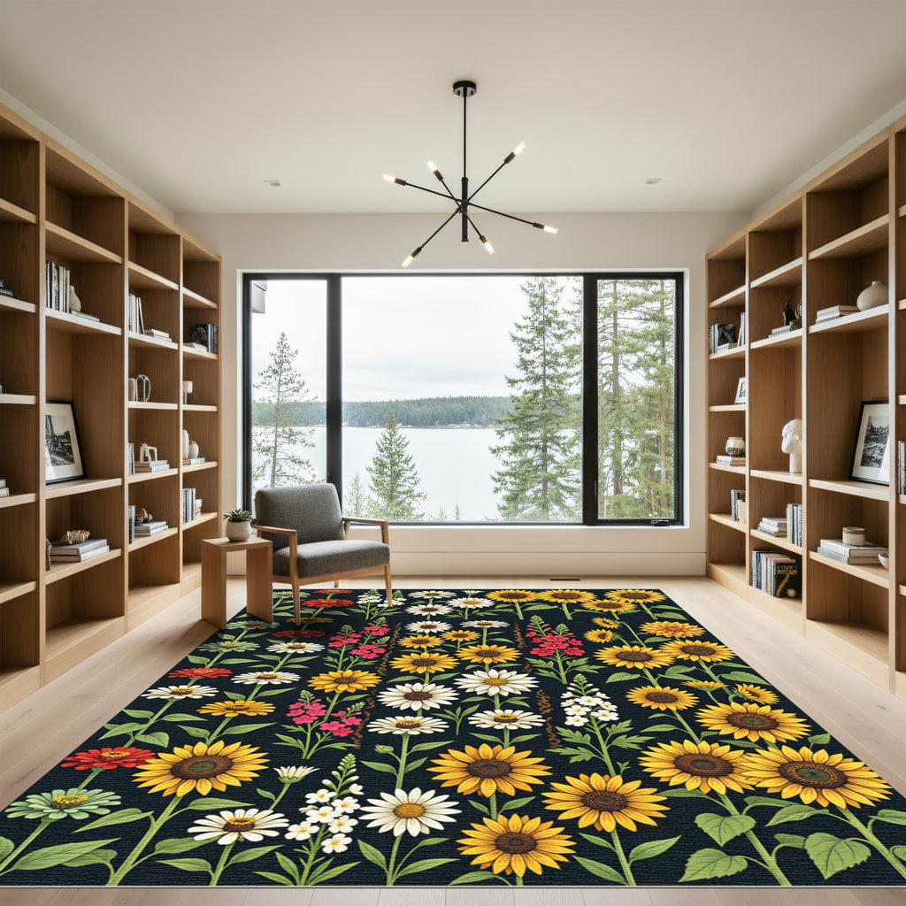 Botanical Sunflower and Daisy Garden Meadow Rug