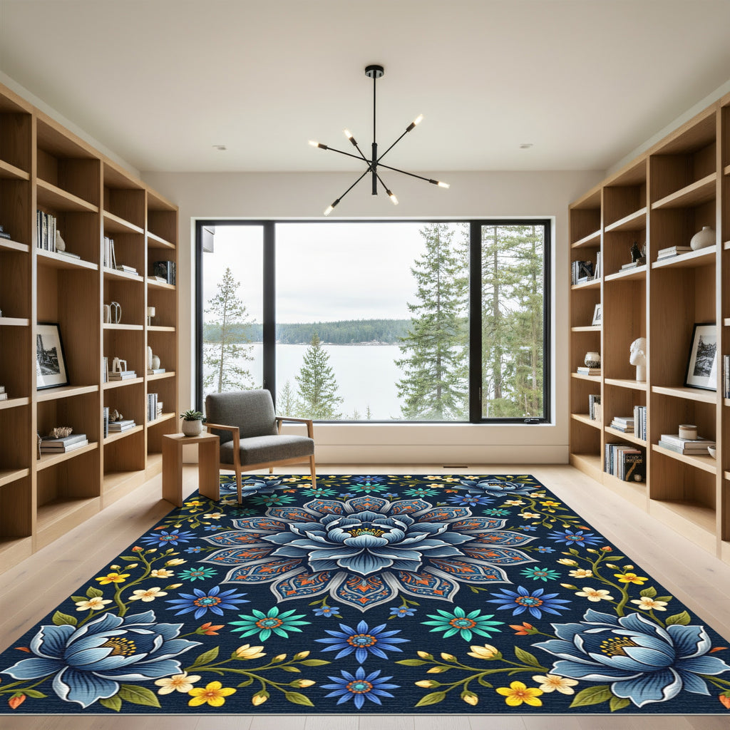 Elegant Navy Blue Lotus Floral Medallion Rug