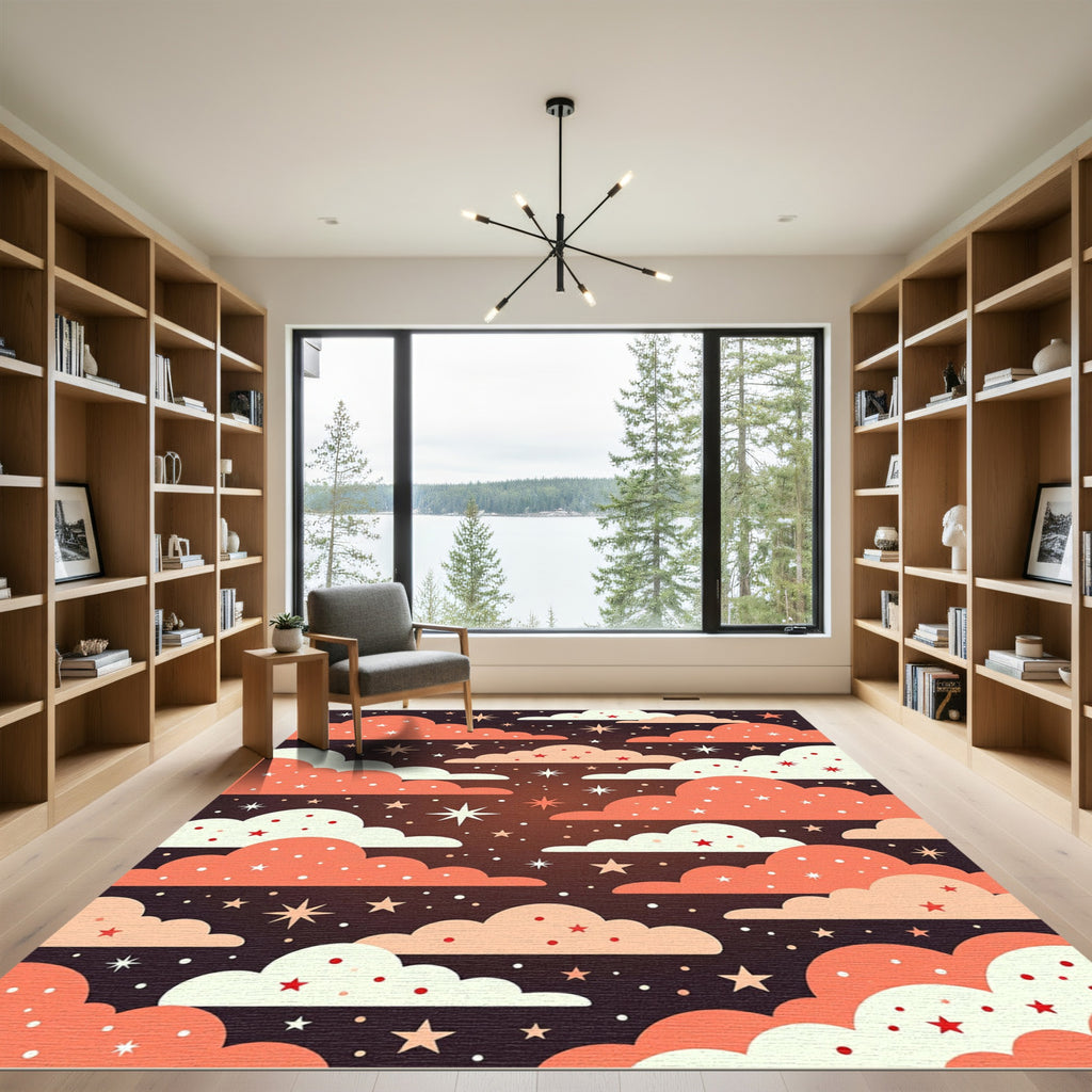 Whimsical Coral Night Sky Starry Clouds Rug