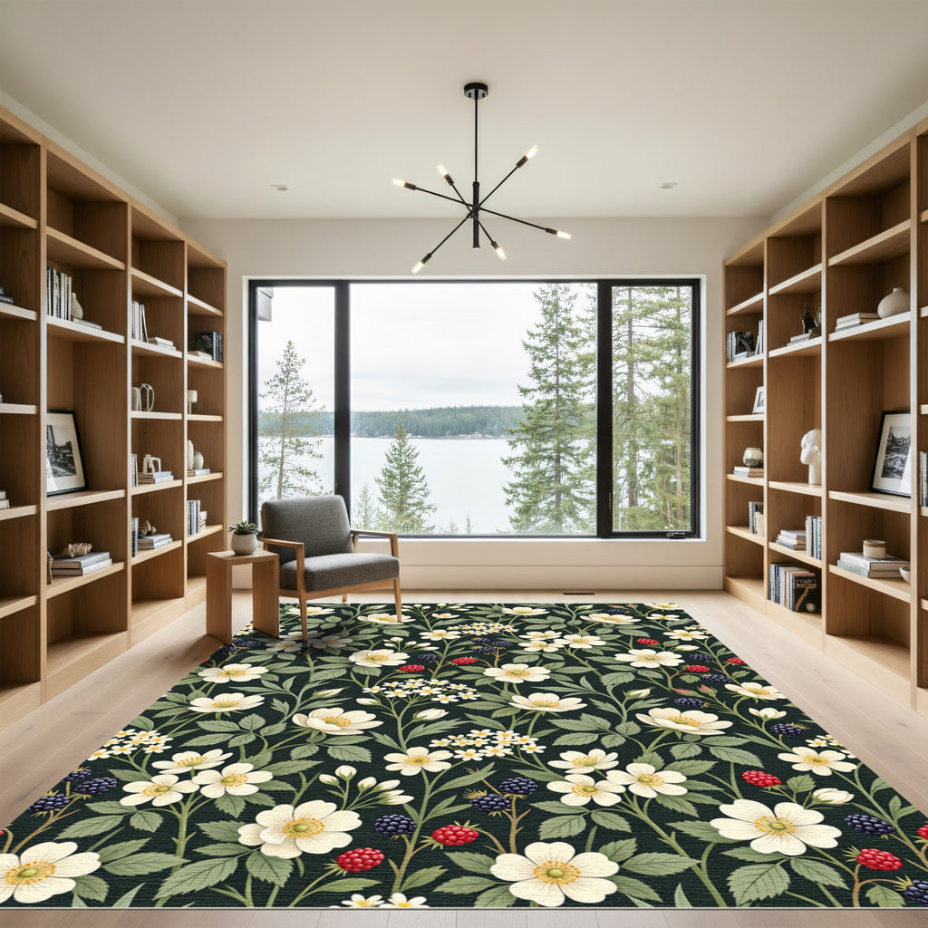 Botanical Blackberry White Wildflower Dark Canvas Rug