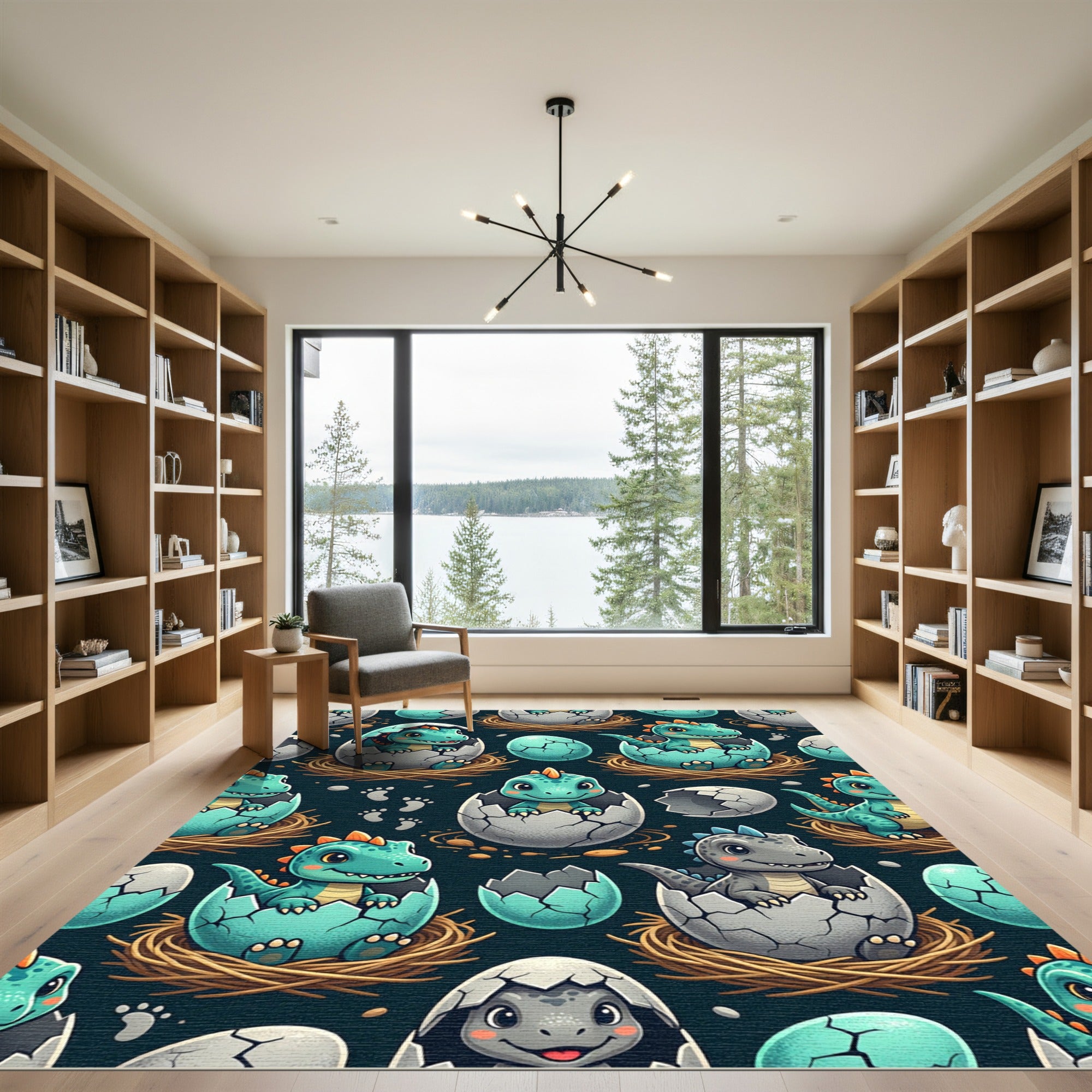 Playful Teal Hatching Dinosaur Illustration Rug
