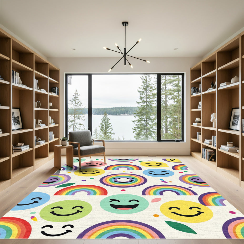 Cheerful Rainbow Smiley Faces Playful Rug