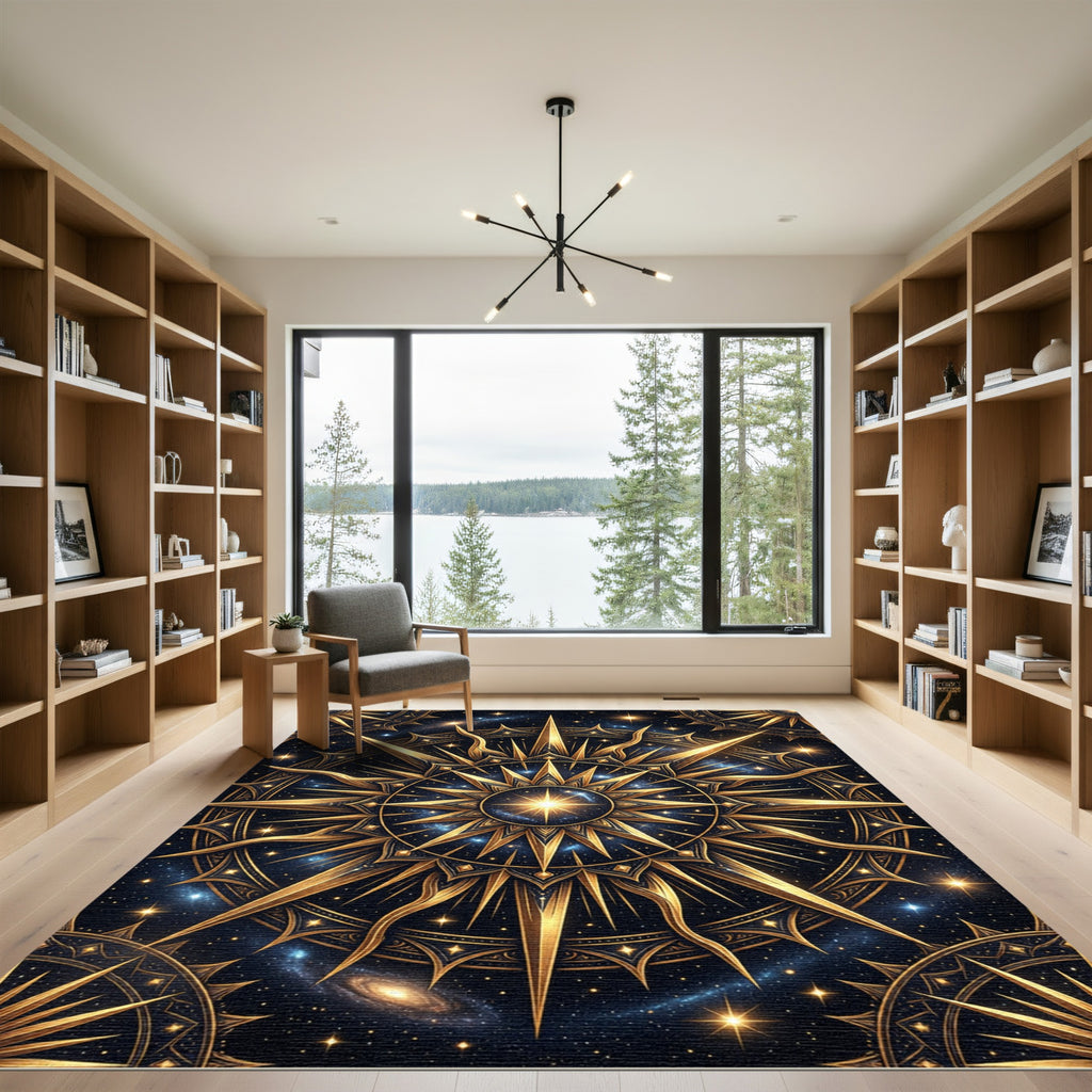 Celestial Golden Starburst Navy Mandala Rug