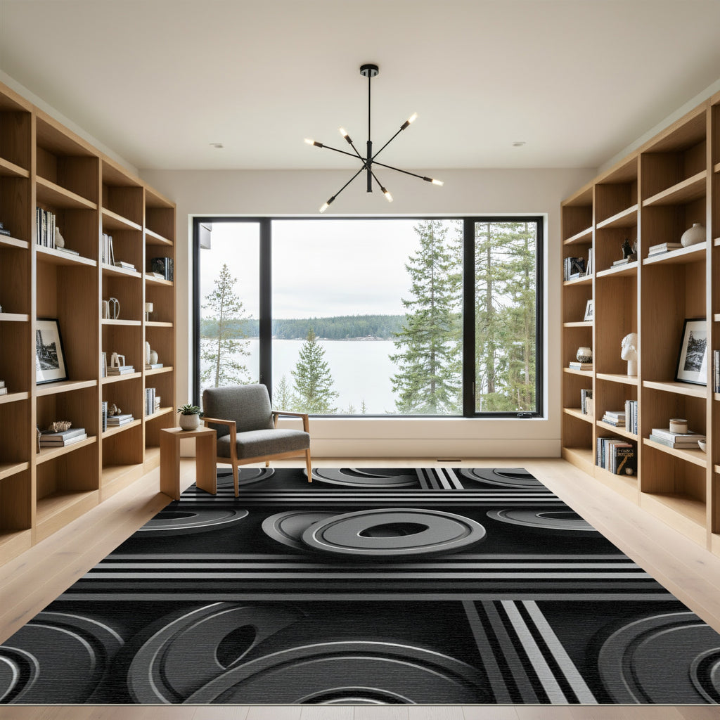 Modern Gray Stacked Geometric Circles Rug