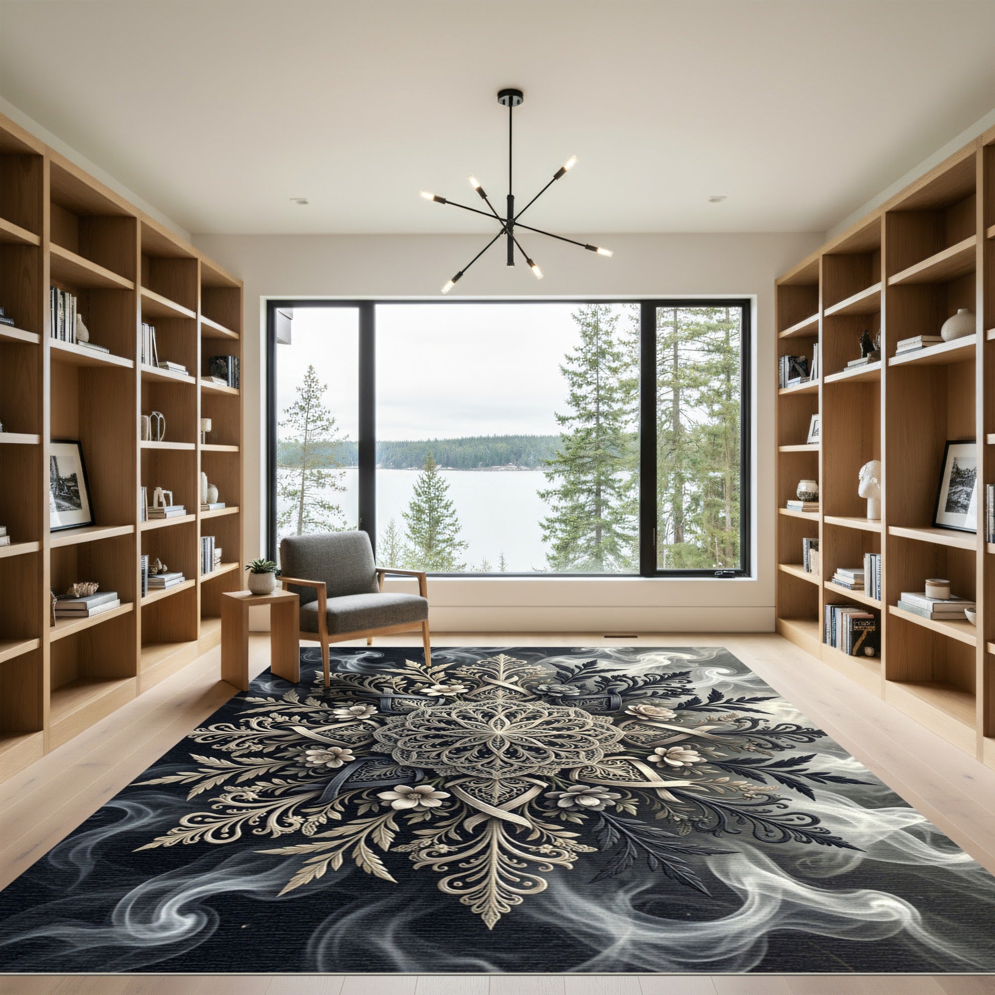 Monochrome Floral Filigree Mandala Rug
