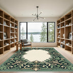 Green Accented Floral Scrollwork Frame Rug