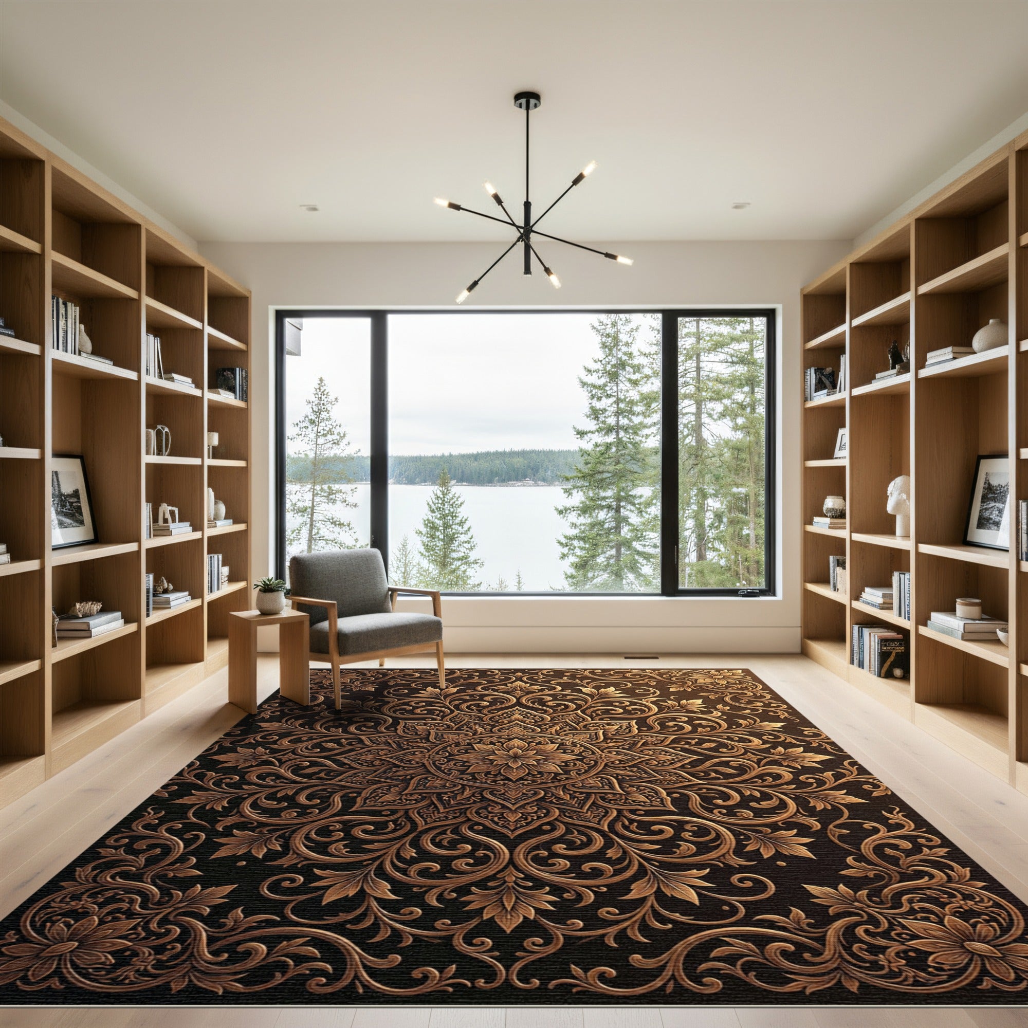 Intricate Gold Scrollwork Medallion Rug