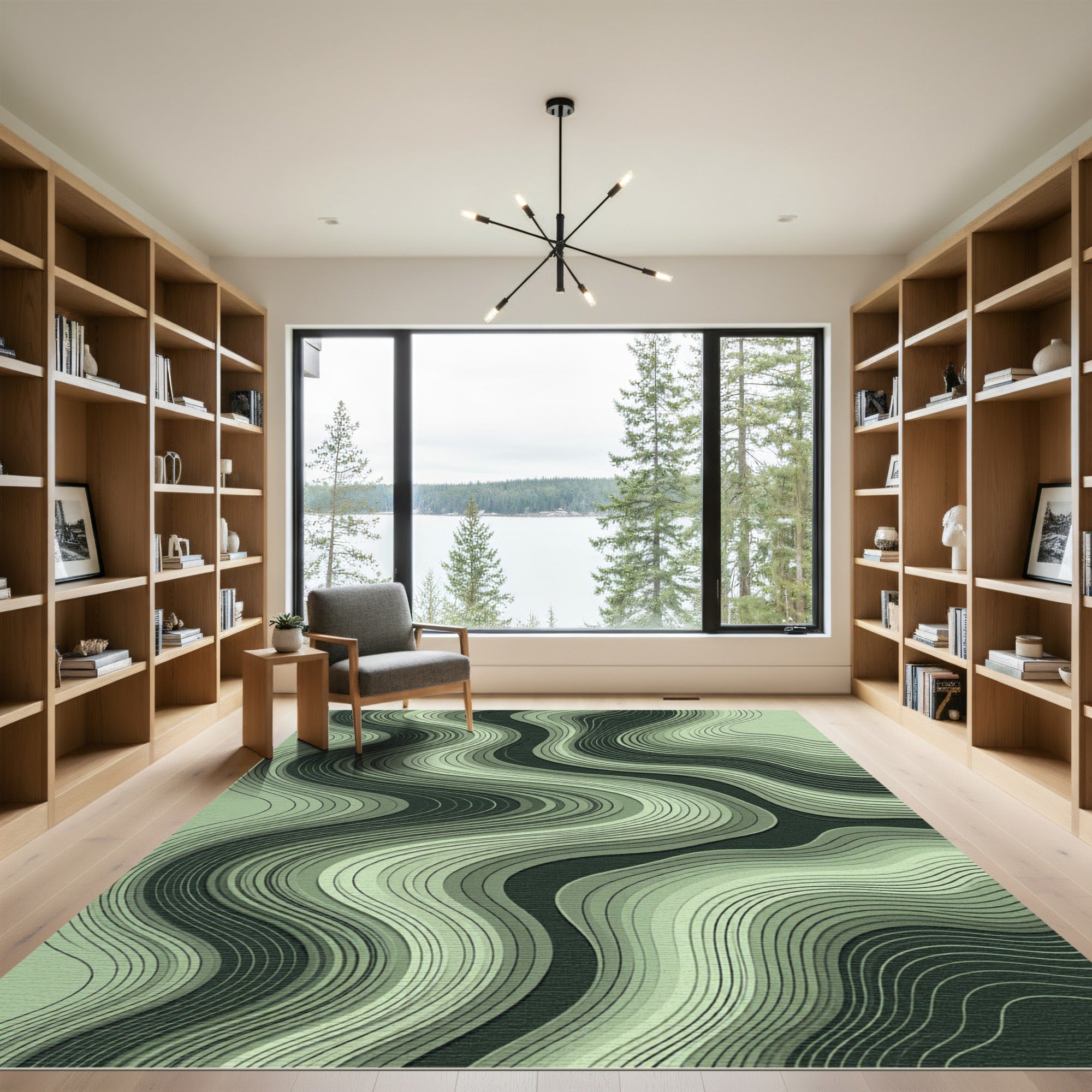 Modern Sage Green Layered Wave Rug