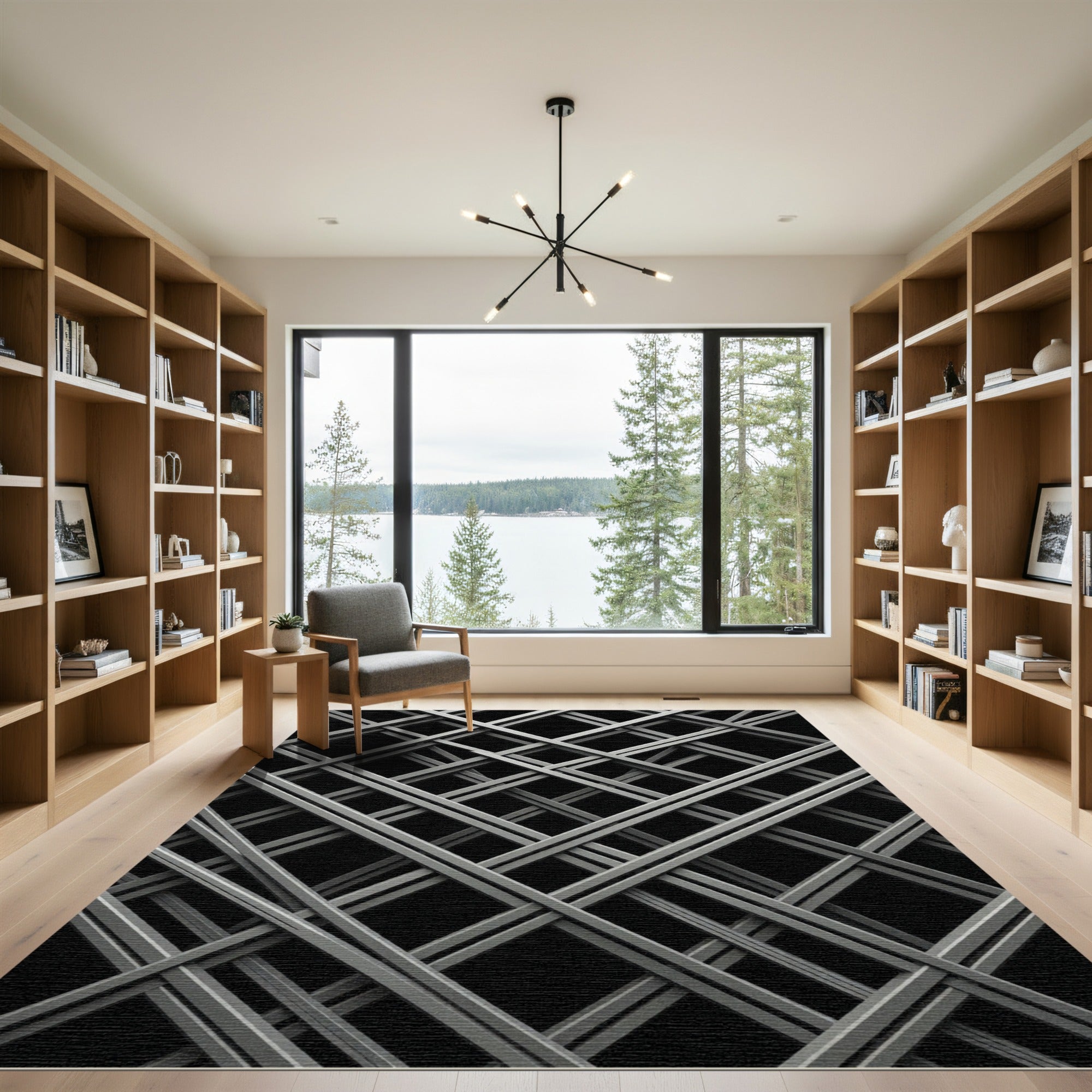 Monochrome Industrial Crossed Grid Rug