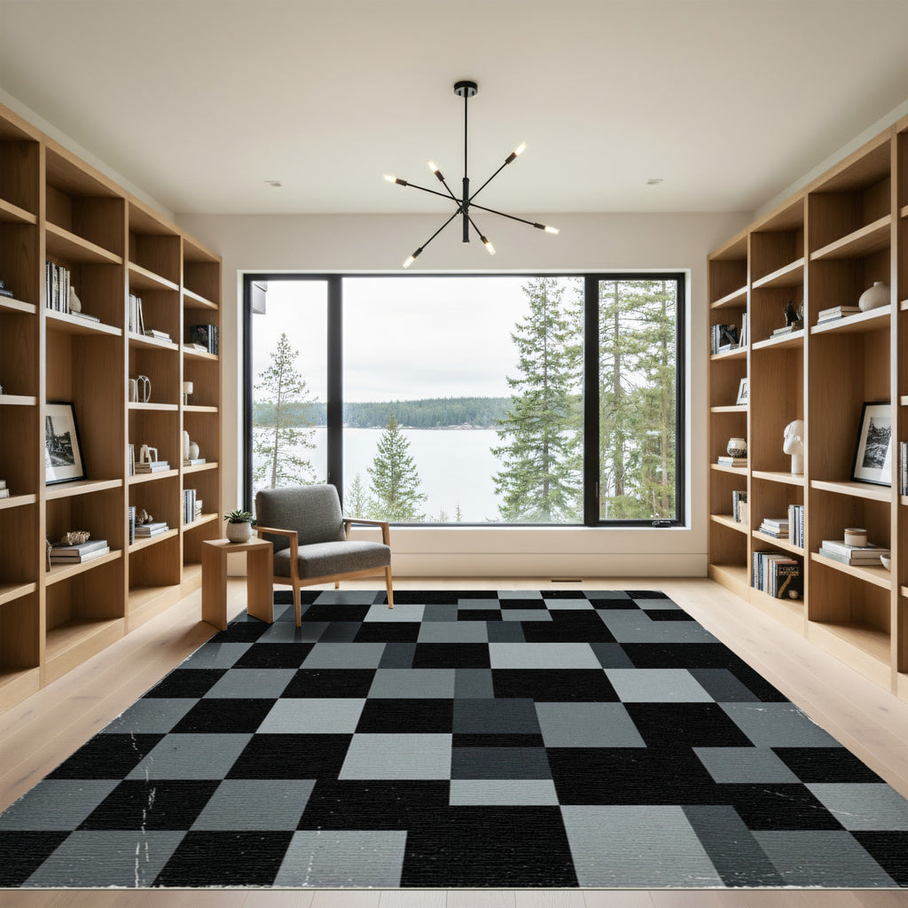 Modern Charcoal Black Pixel Geometric Grid Rug