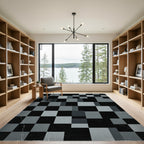 Modern Charcoal Black Pixel Geometric Grid Rug