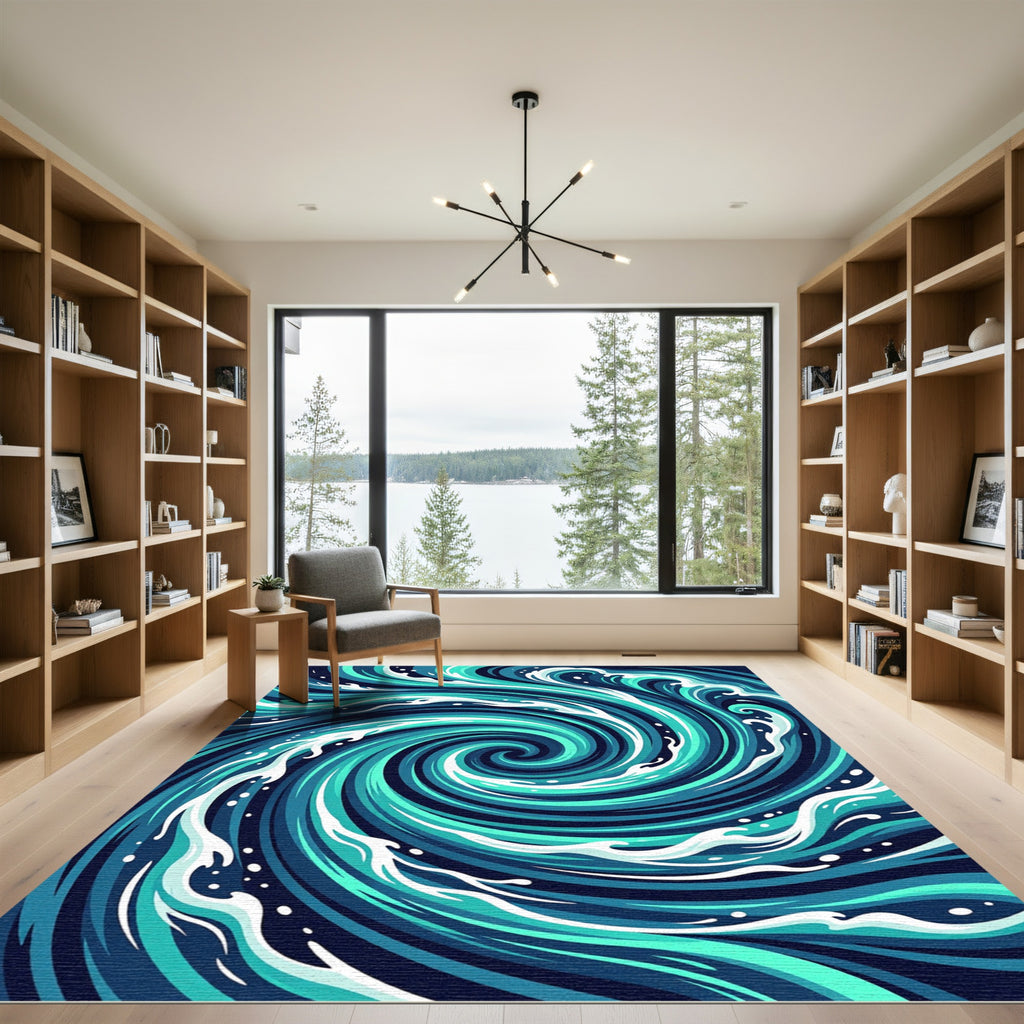 Deep Blue Aqua Swirl Ocean Waves Rug