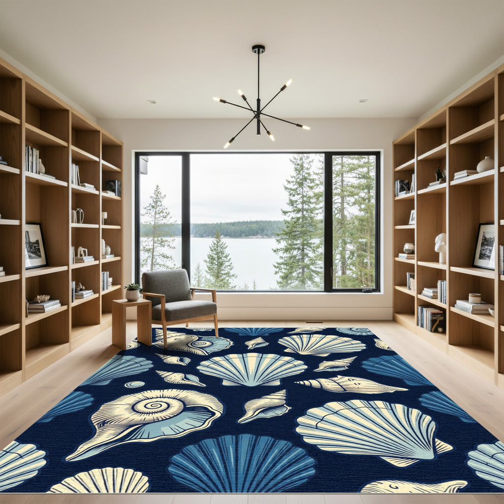 Navy Blue Seashell Illustration Rug