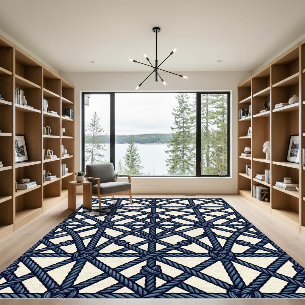 Dark Blue Knotted Rope Grid Rug