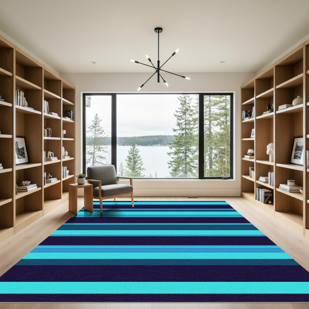 Modern Cyan and Navy Striped Art Rug