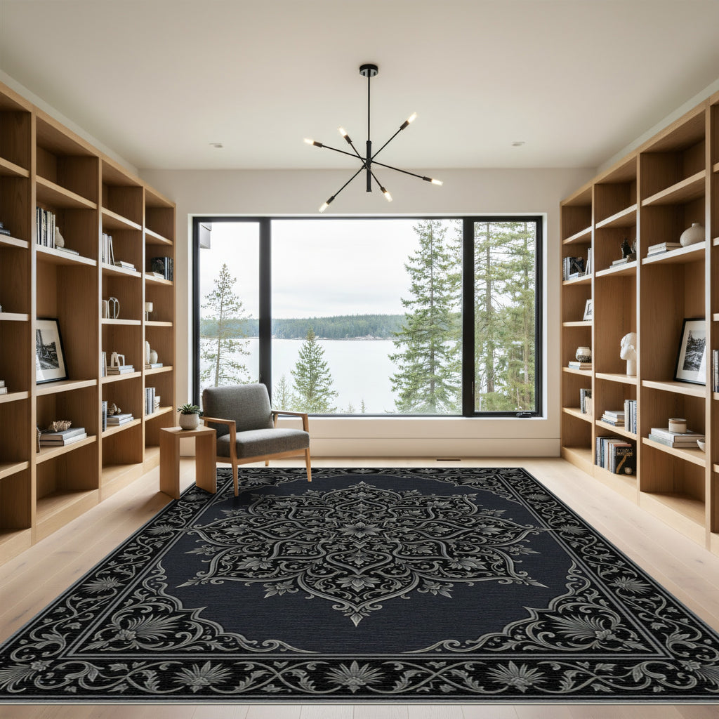 Ornate Dark Gray Floral Medallion Rug