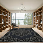 Ornate Dark Gray Floral Medallion Rug