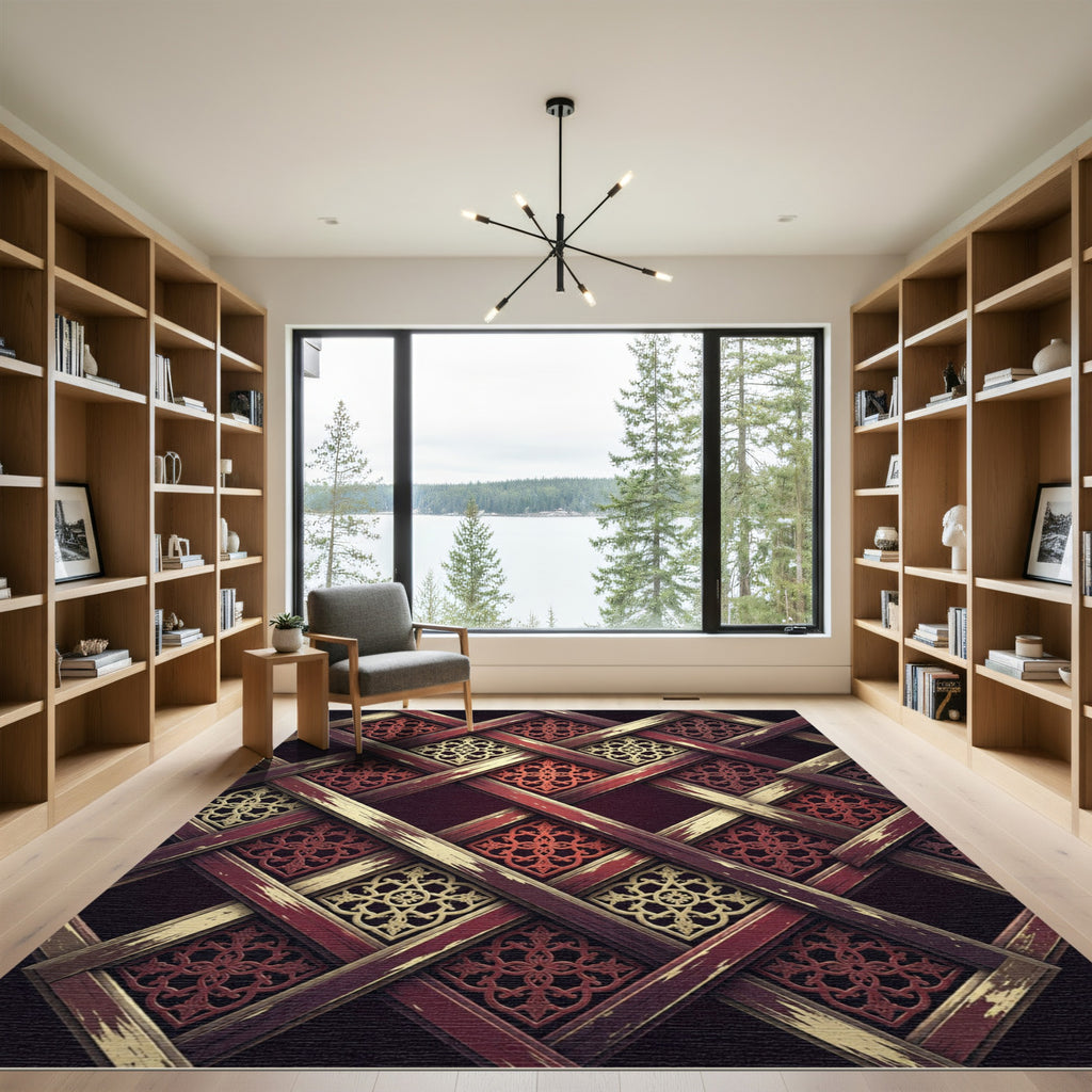 Lattice Crimson Gold Renaissance Damask Rug