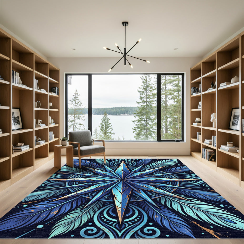Deep Blue Feathered Starburst Medallion Rug