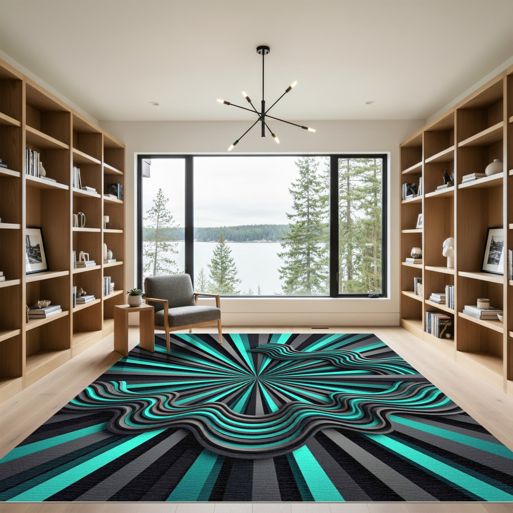 Cyan and Charcoal Abstract Wave Radiance Rug