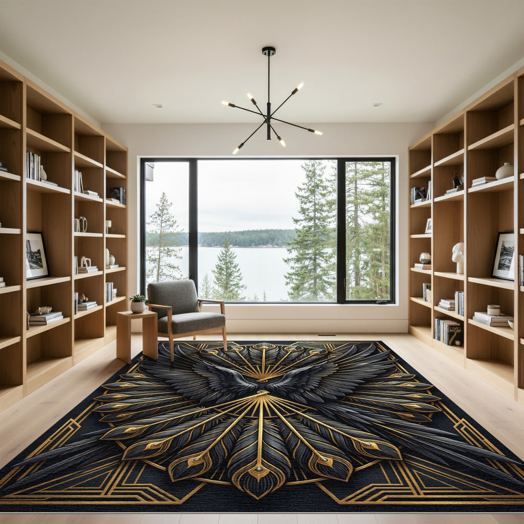 Art Deco Golden Peacock Feather Crest Rug