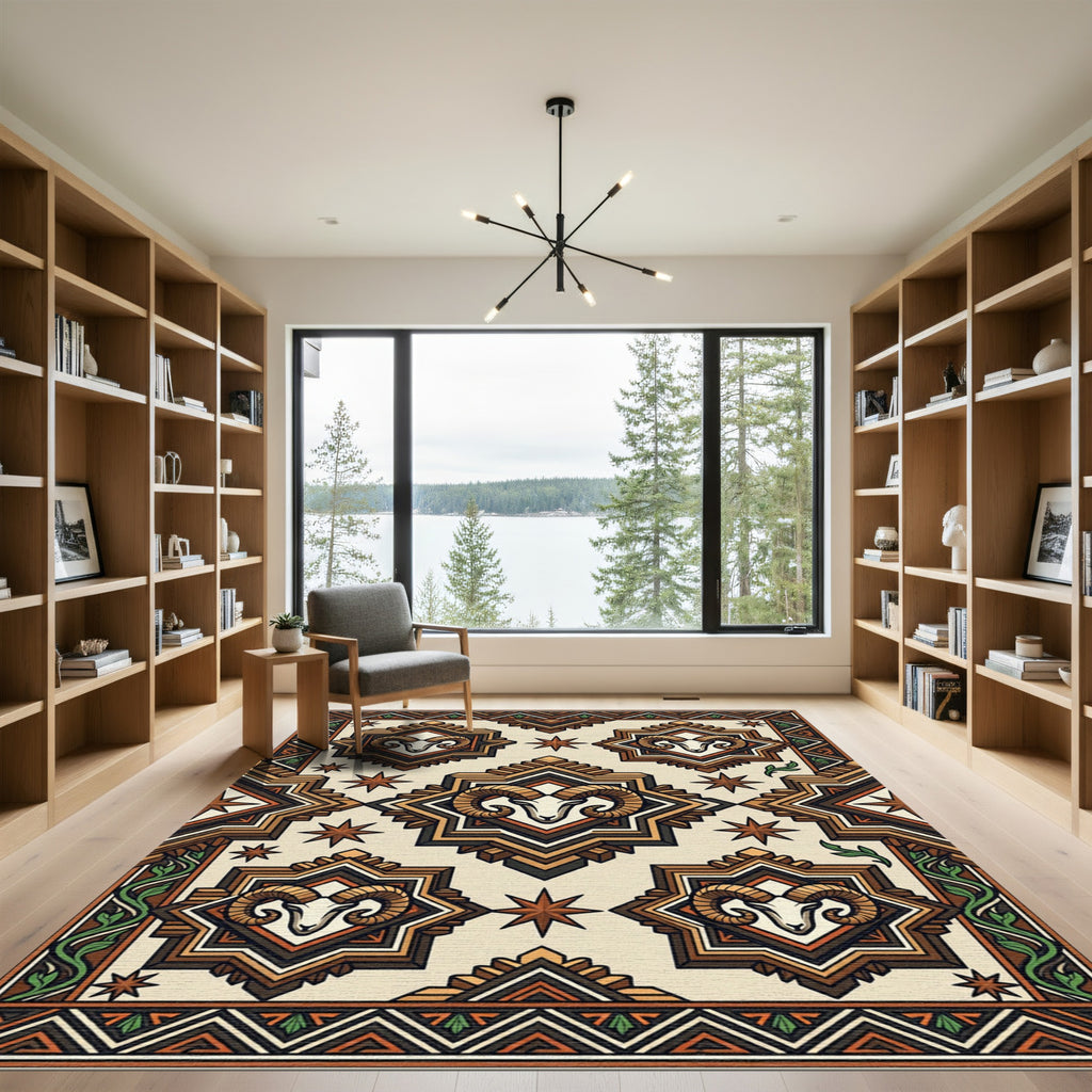 Geometric Ram Star Earthy Tone Tapestry Rug