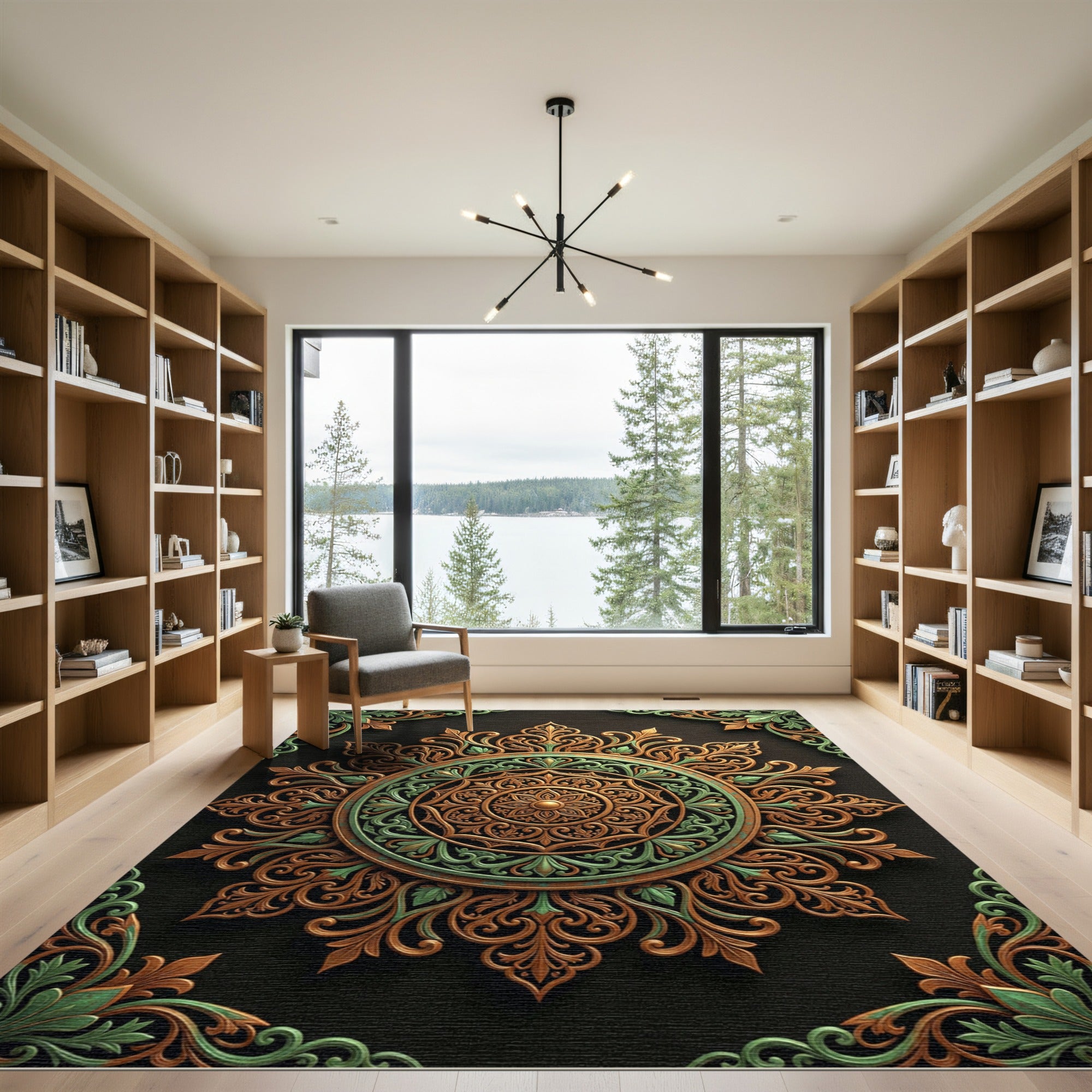 Ornate Gold and Sage Filigree Medallion Rug