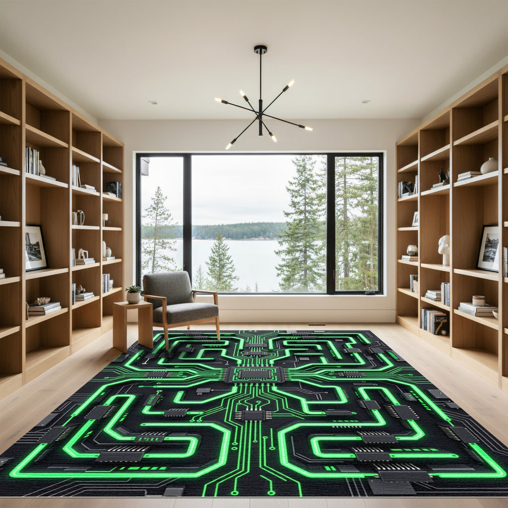 Neon Circuit Board Cyber Grid Rug
