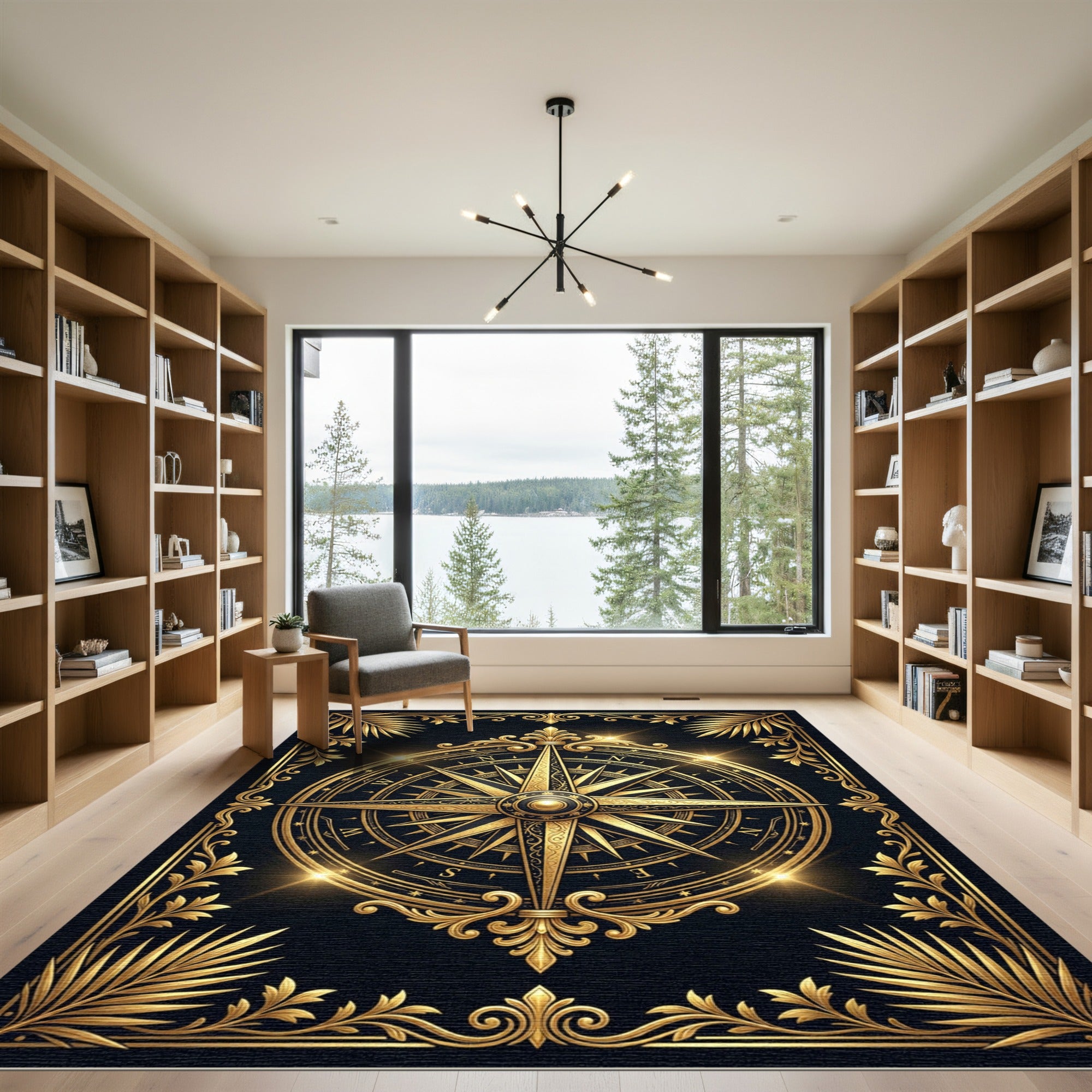 Opulent Golden Compass Nautical Medallion Rug