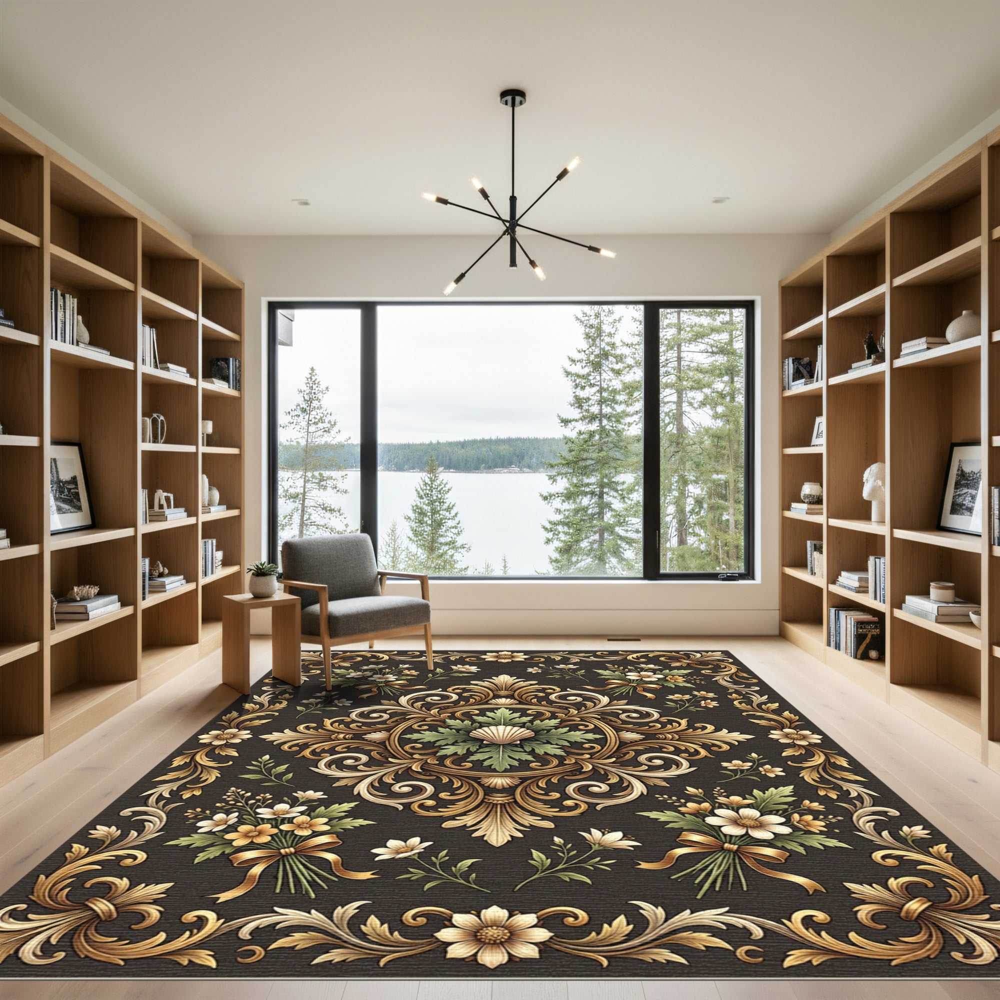 Ornate Gold Floral Acanthus Scroll Rug