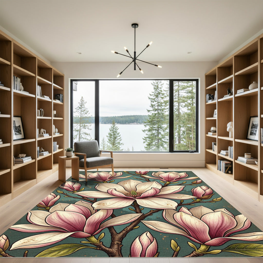 Ethereal Pink Magnolia Floral Botanical Rug