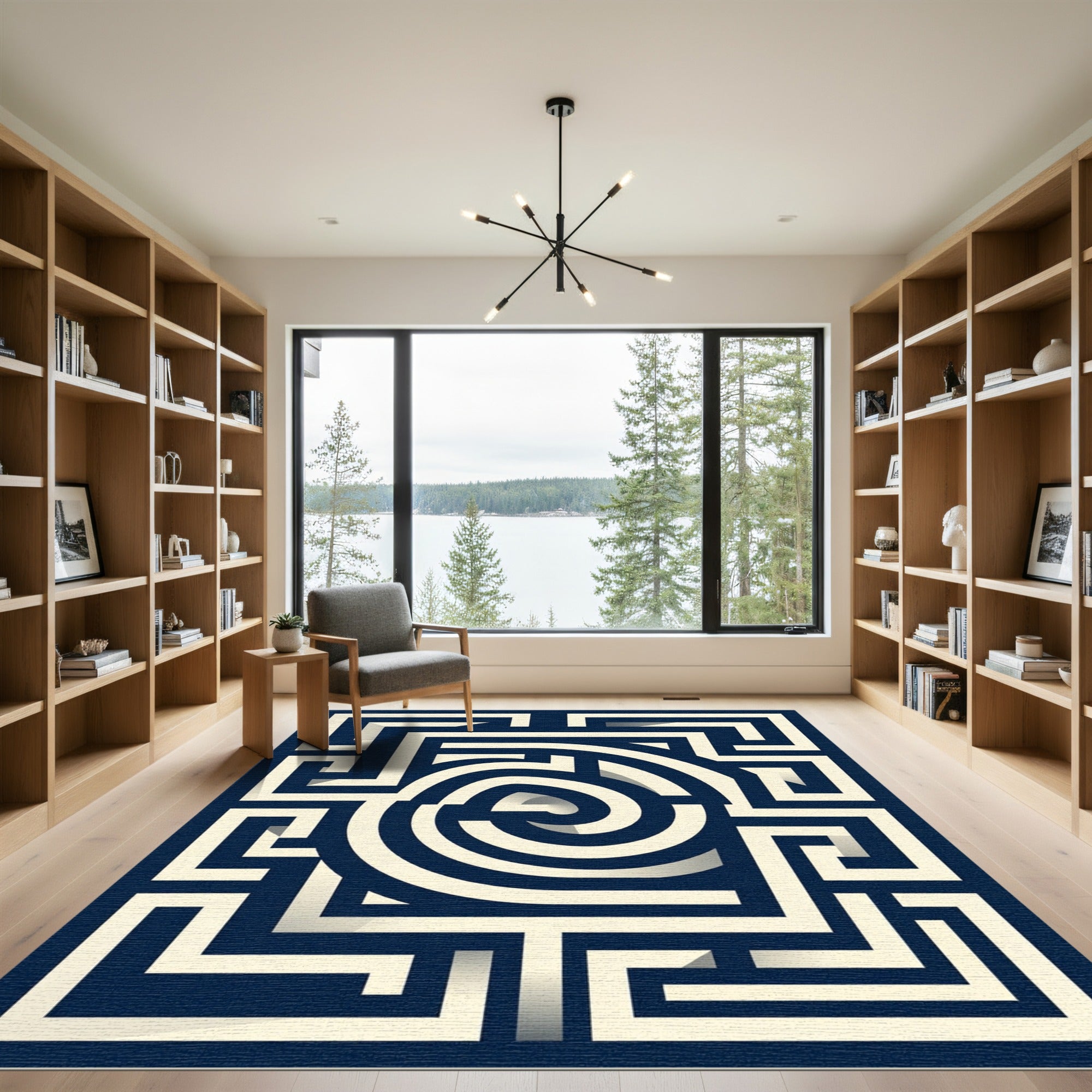 Navy Geometric Labyrinth Swirl Abstract Rug