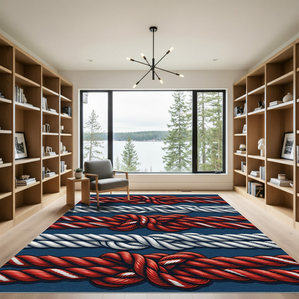 Red White Nautical Knotted Rope Rug