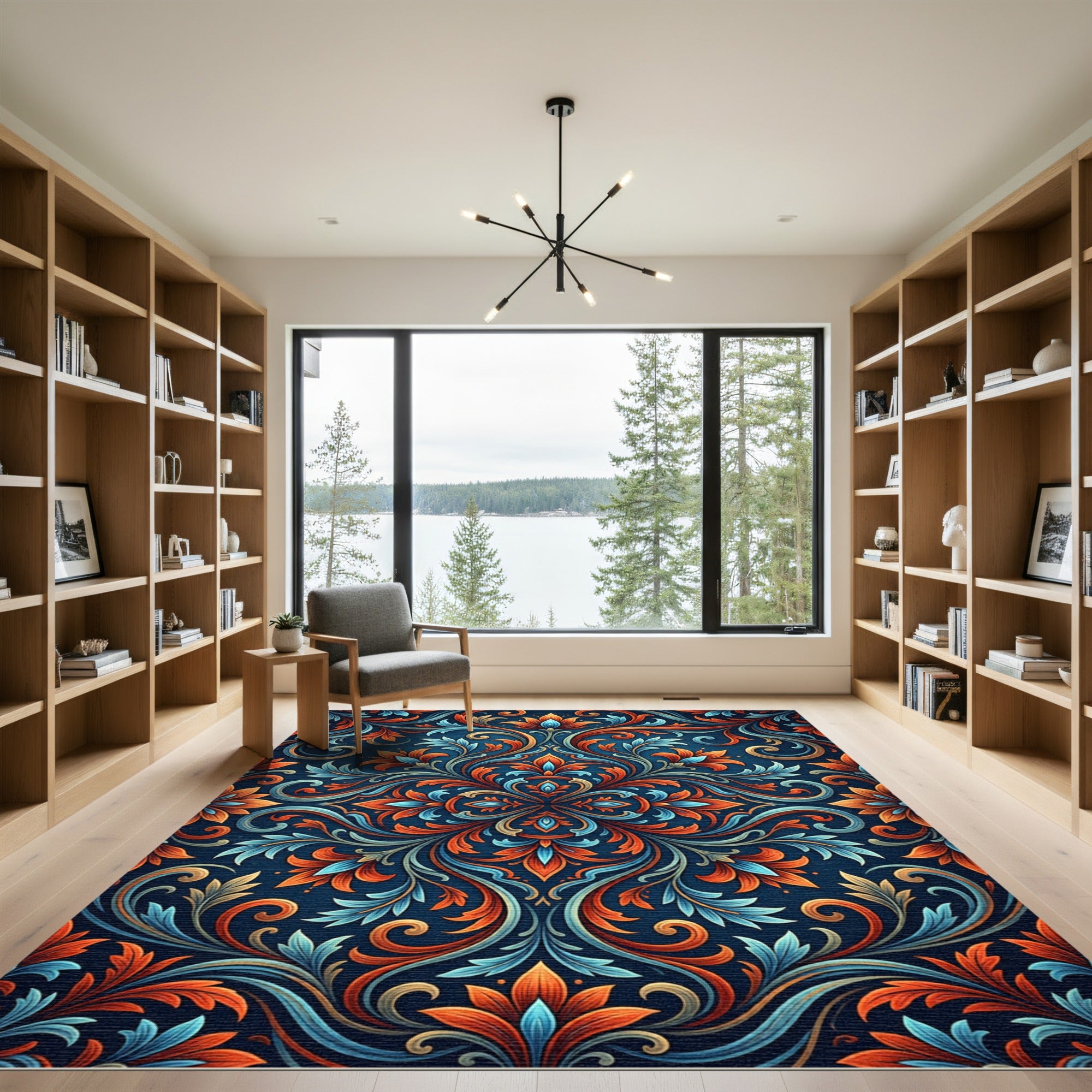 Intricate Floral Swirl Indigo Red Rug