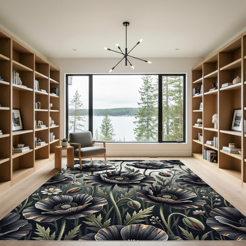Dramatic Black Poppy Floral Arrangement Rug