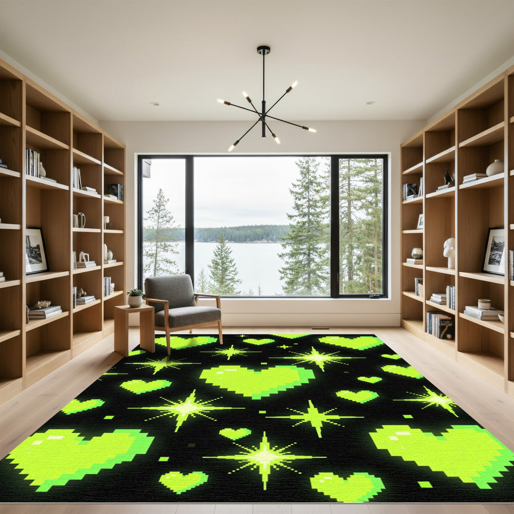 Neon Pixel Heart and Sparkle Art Rug
