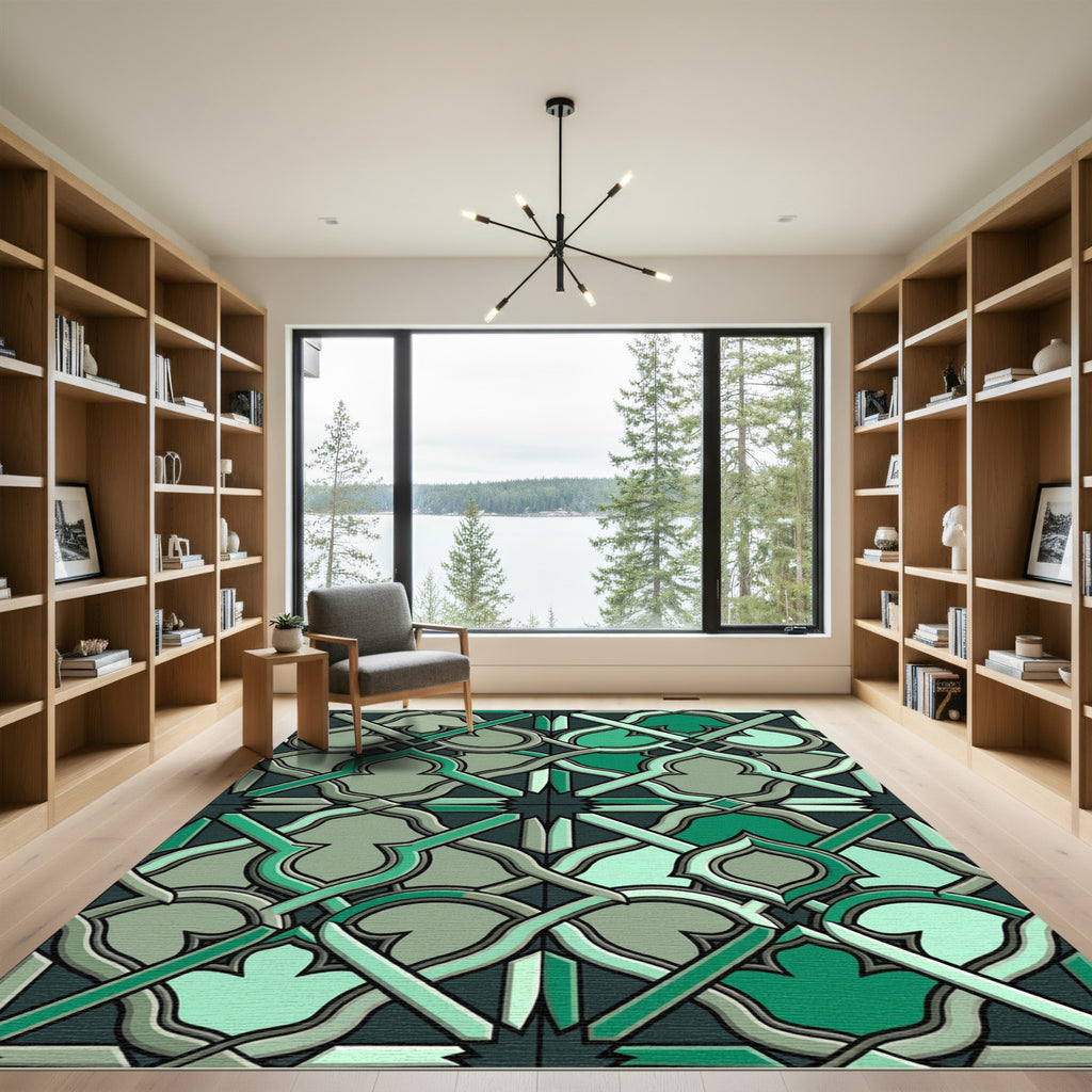 Intricate Green Arabesque Lattice Rug