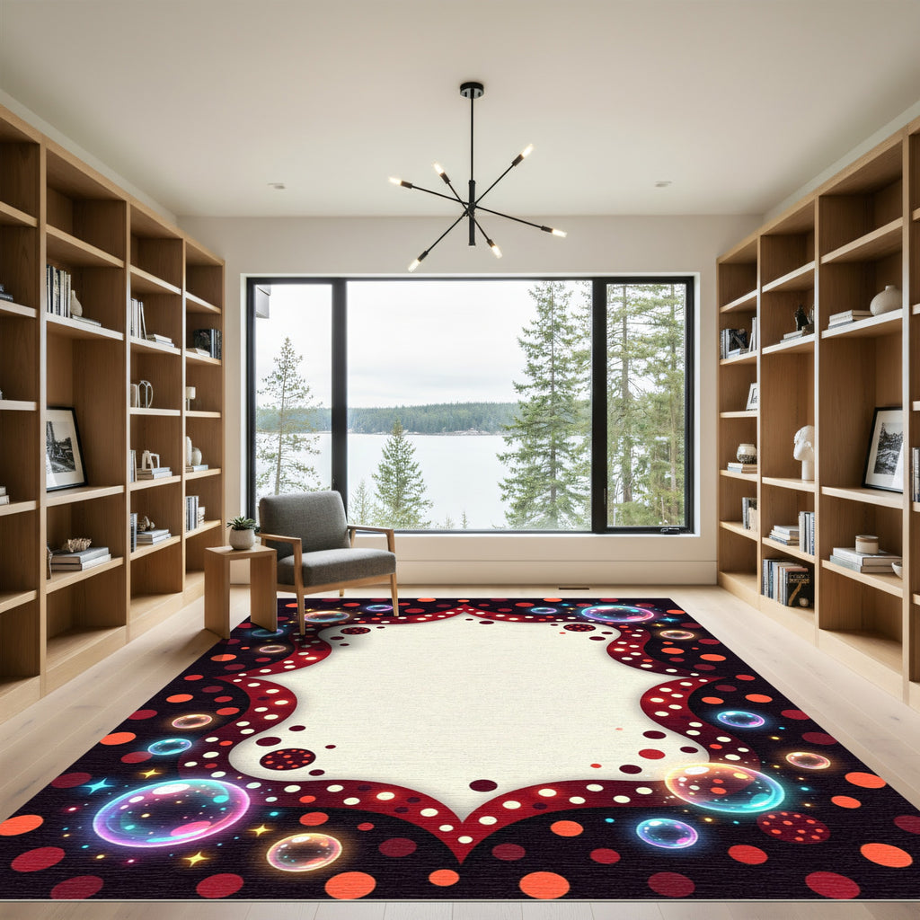 Whimsical Crimson Bubble Frame Festive Art Rug