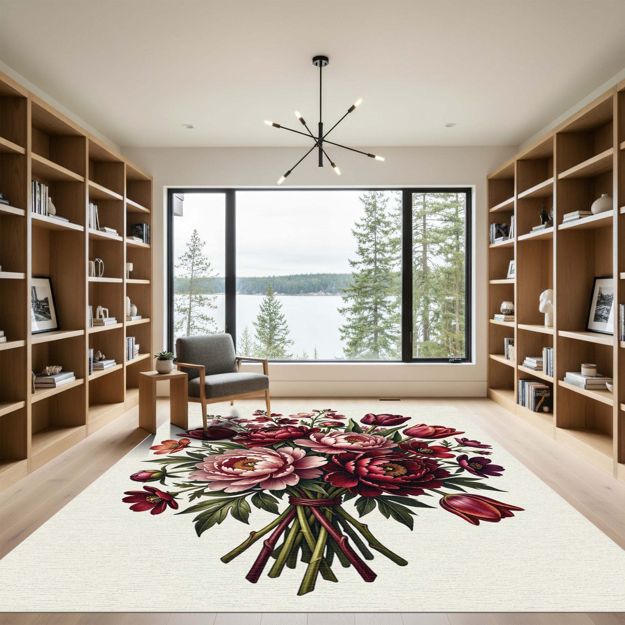 Lush Crimson Tulip Peony Bouquet Rug