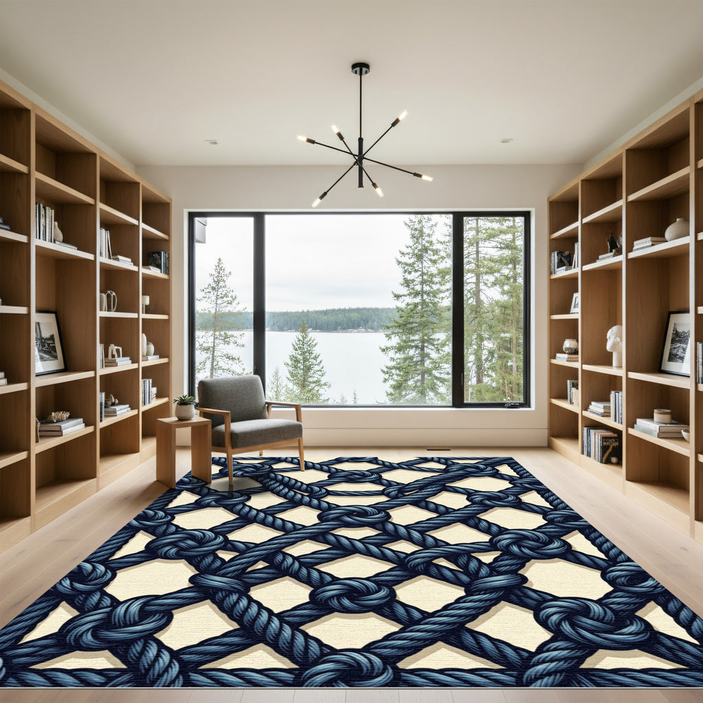 Navy Nautical Rope Grid Lattice Rug