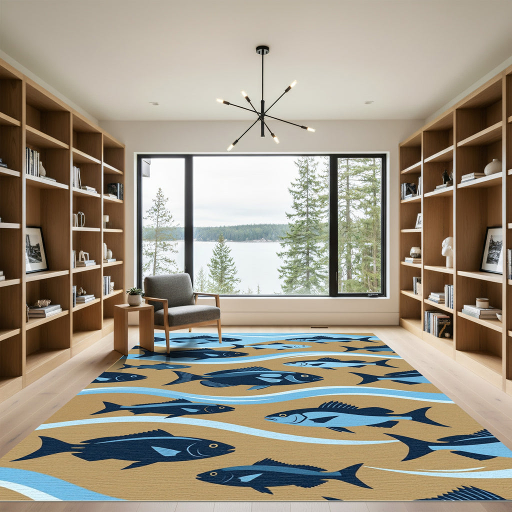 Abstract Blue Fish School Ocean Scene Rug
