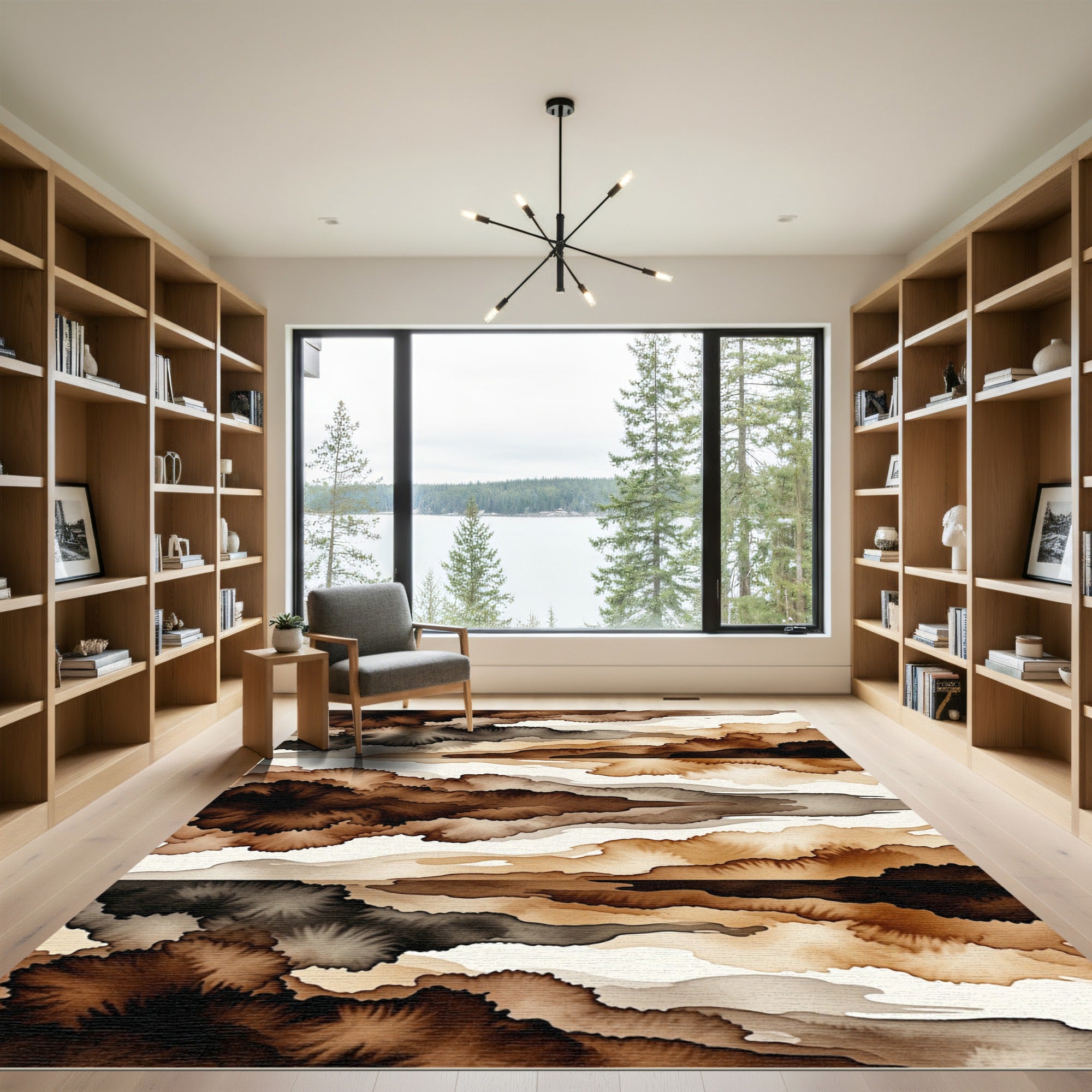 Earthy Brown Abstract Ink Wash Horizon Rug
