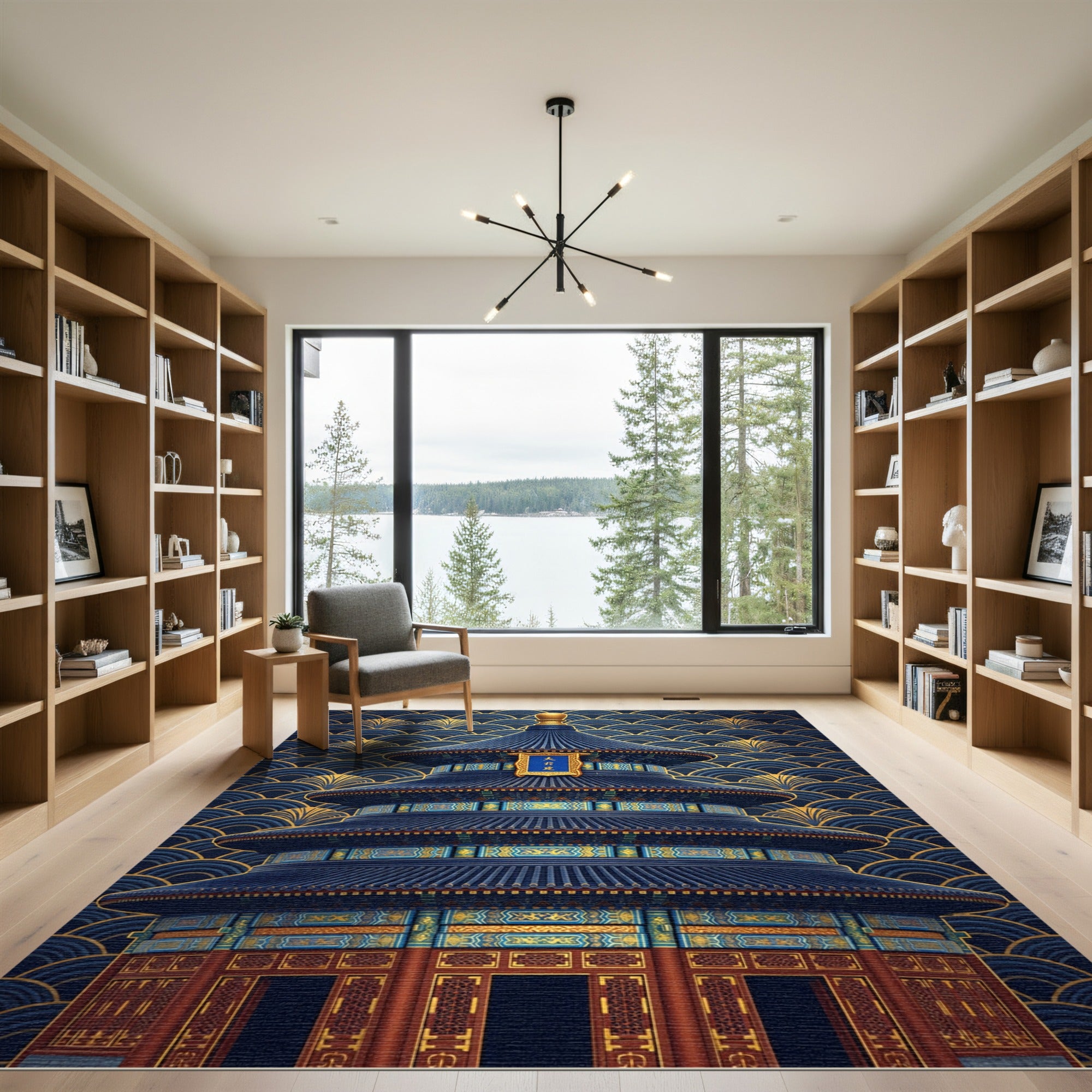 Blue Gold Pagoda Asian Wave Rug