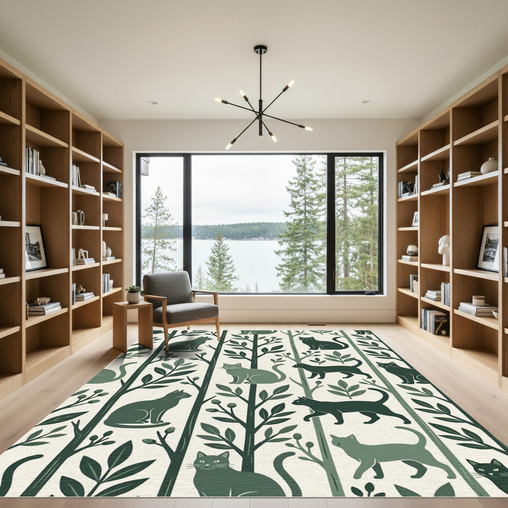 Deep Forest Feline Tree Scene Rug