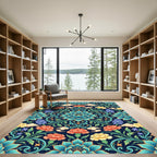 Ornate Teal Floral Blossom Cloud Tapestry Rug