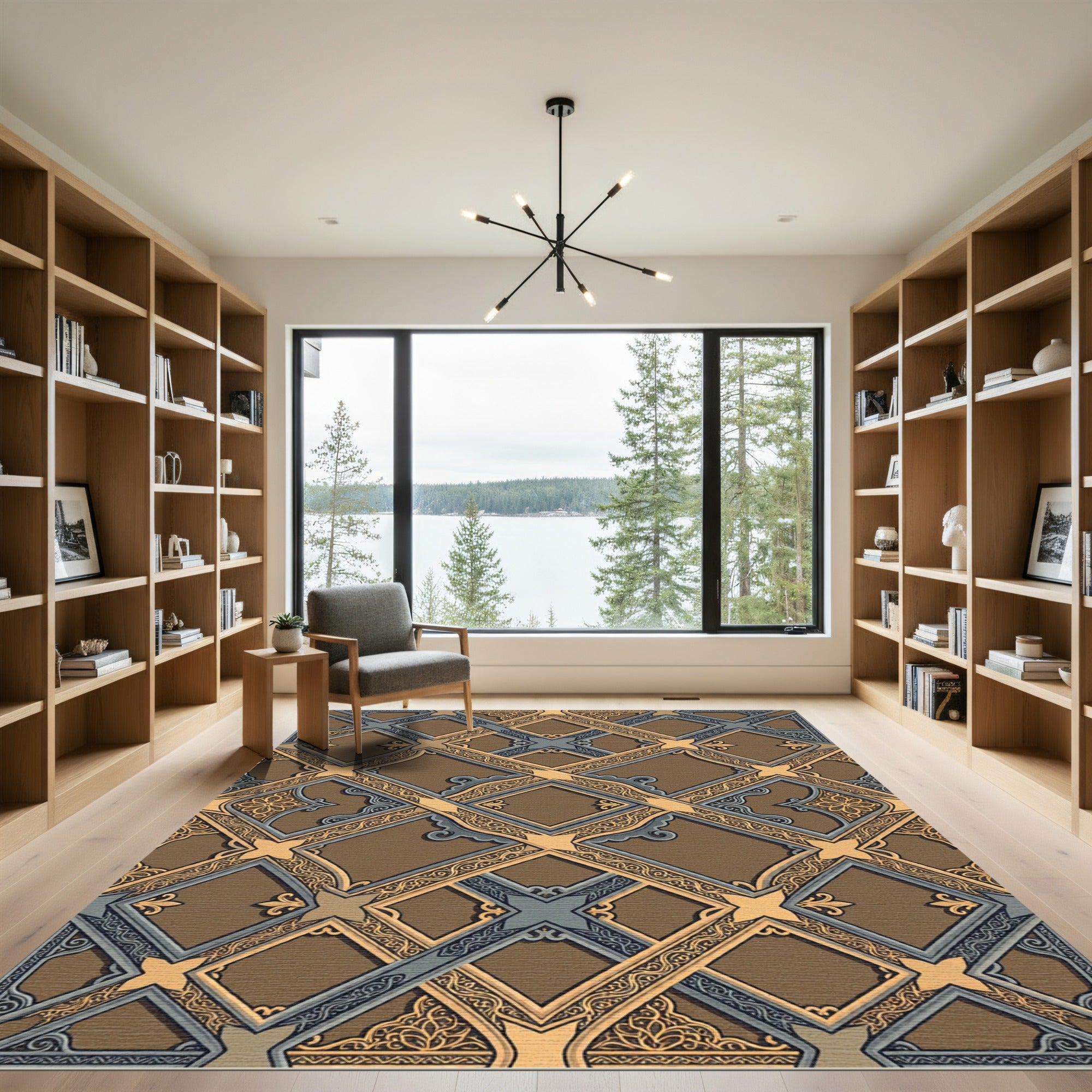 Ornate Brown Gold Blue Lattice Rug